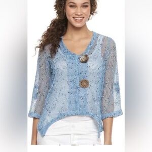 Nina Leonard Button Crochet Knit  Medium Blue Sweater Artsy Boho Cardigan